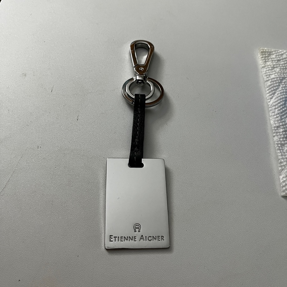 Etienne Aigner Silver-Tone Logo Tag Keychain with Dk brown Strap